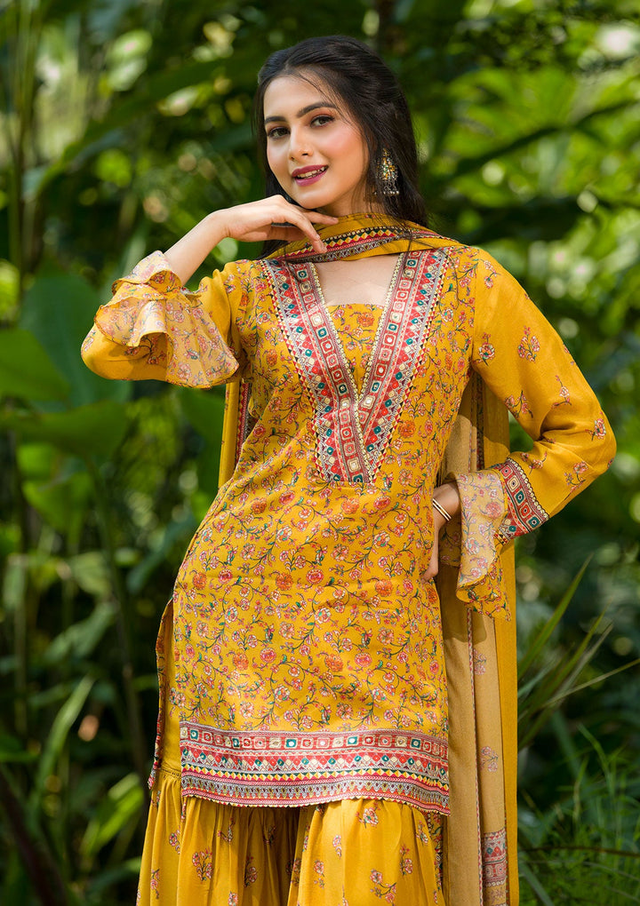 Mustard Printed Georgette Readymade Salwar Kameez-Koskii