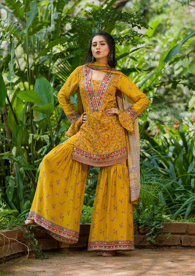 Mustard Printed Georgette Readymade Salwar Kameez-Koskii