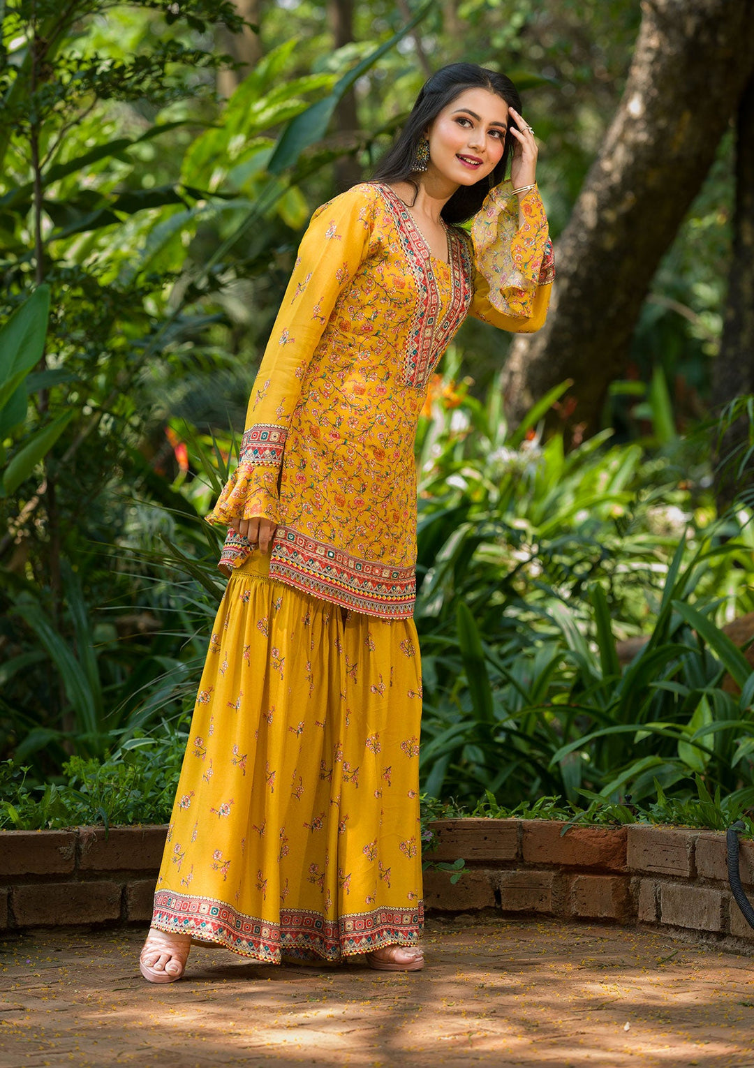 Mustard Printed Georgette Readymade Salwar Kameez-Koskii