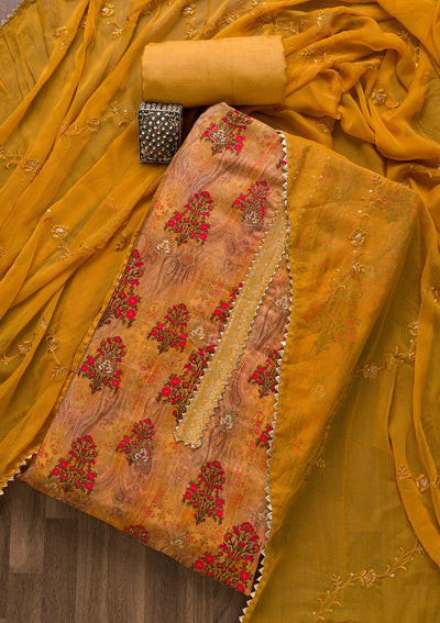 Mustard Printed Semi Crepe Unstitched Salwar Suit-Koskii