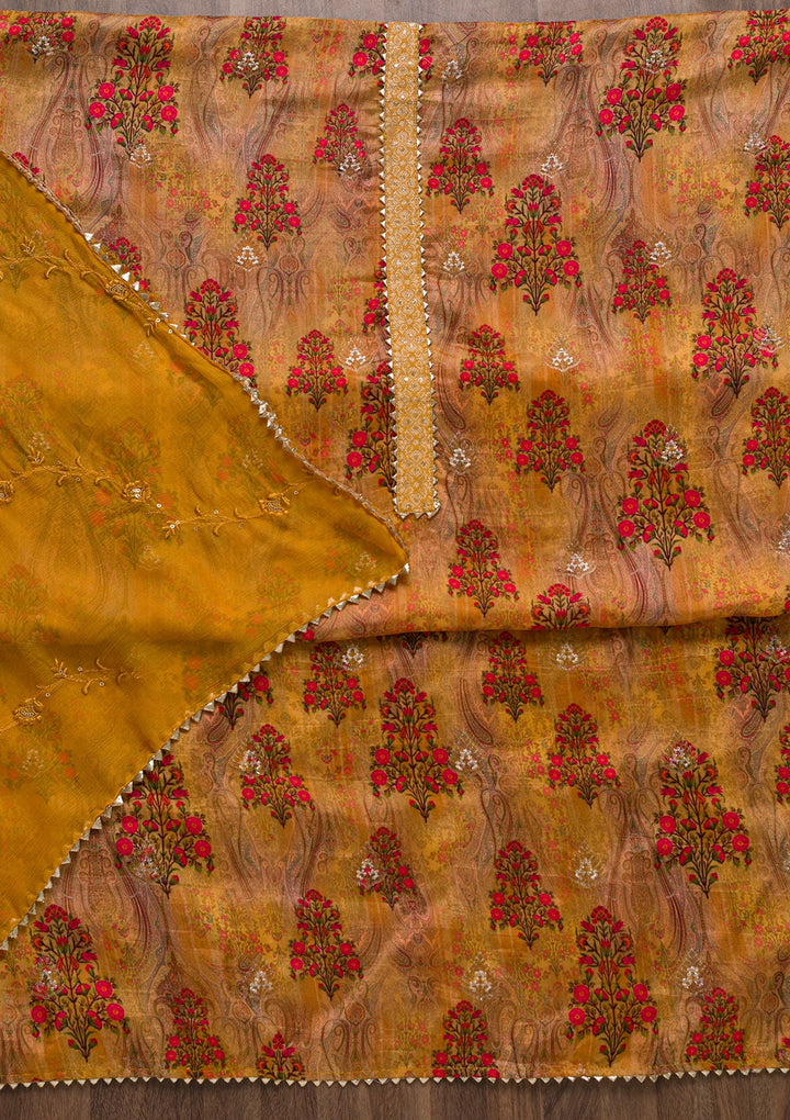 Mustard Printed Semi Crepe Unstitched Salwar Suit-Koskii