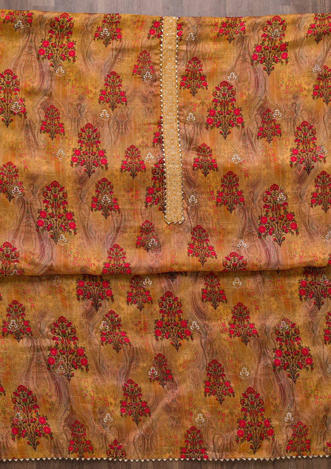 Mustard Printed Semi Crepe Unstitched Salwar Suit-Koskii