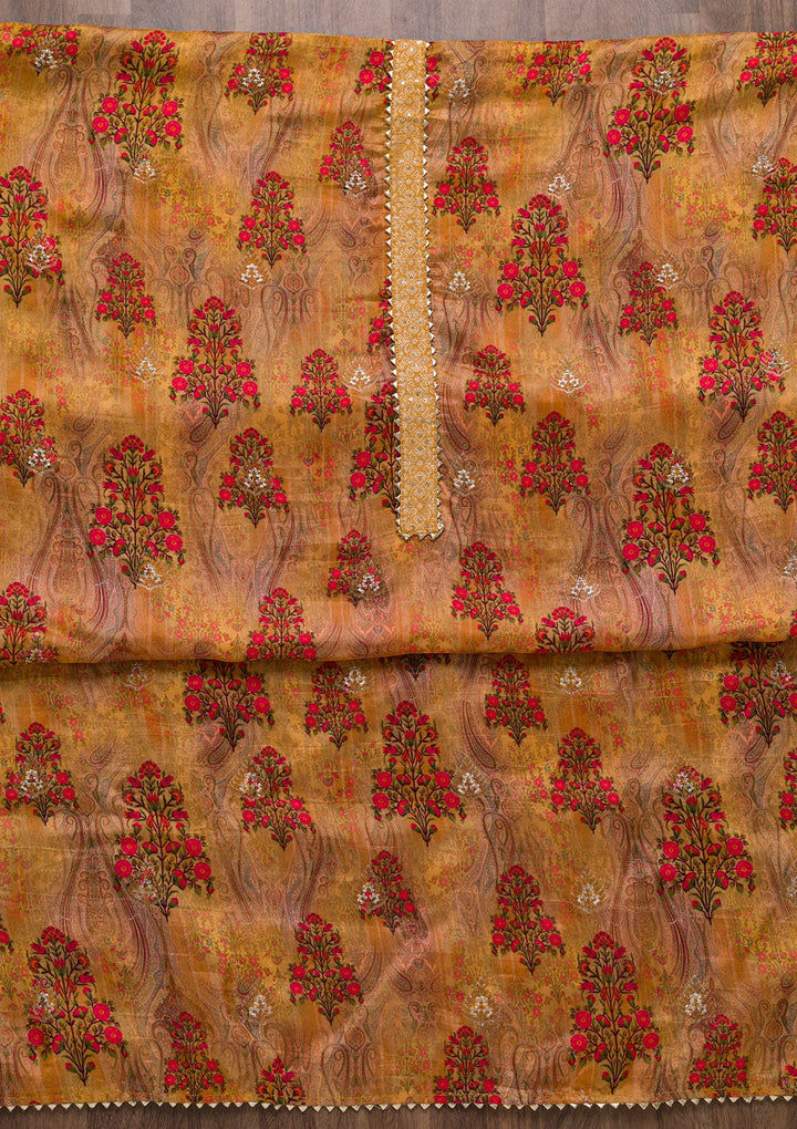 Mustard Printed Semi Crepe Unstitched Salwar Suit-Koskii