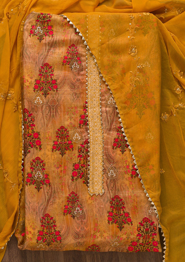 Mustard Printed Semi Crepe Unstitched Salwar Suit-Koskii