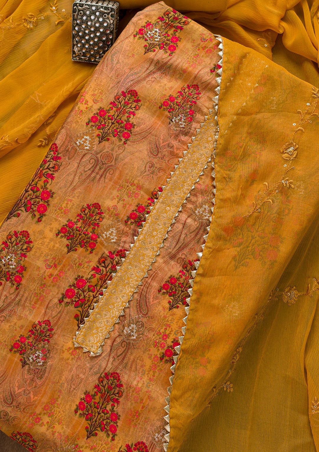 Mustard Printed Semi Crepe Unstitched Salwar Suit-Koskii