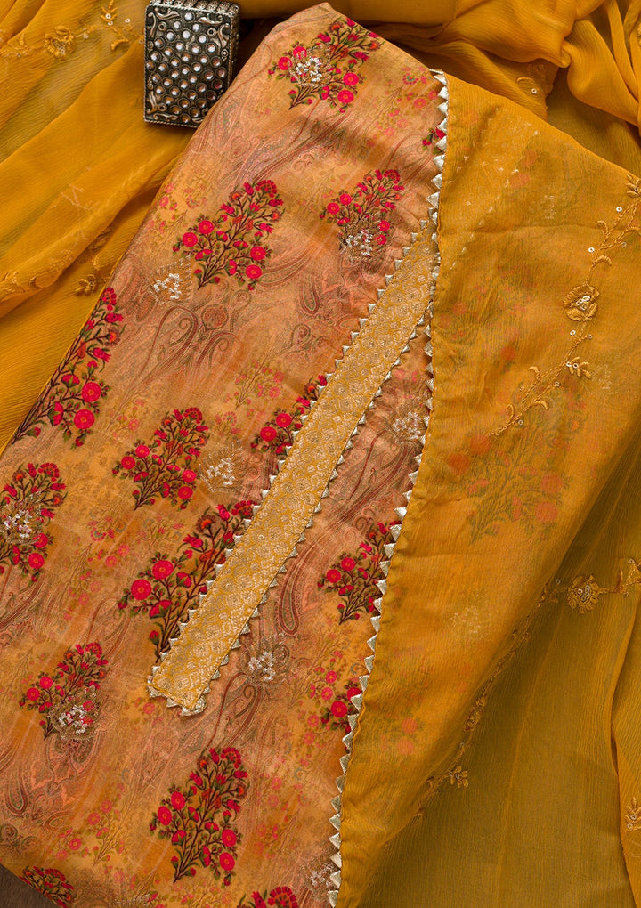 Mustard Printed Semi Crepe Unstitched Salwar Suit-Koskii