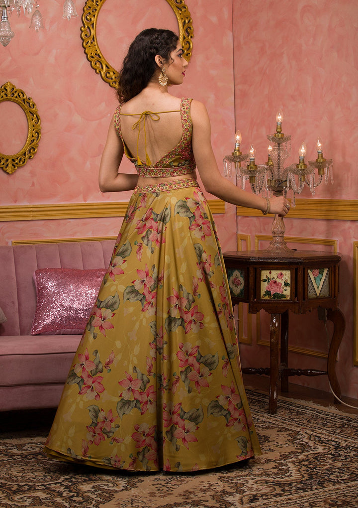Mustard Printed Semi Crepe Readymade Lehenga-Koskii