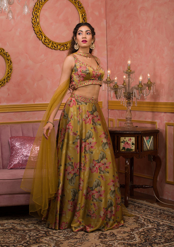 Mustard Printed Semi Crepe Readymade Lehenga-Koskii