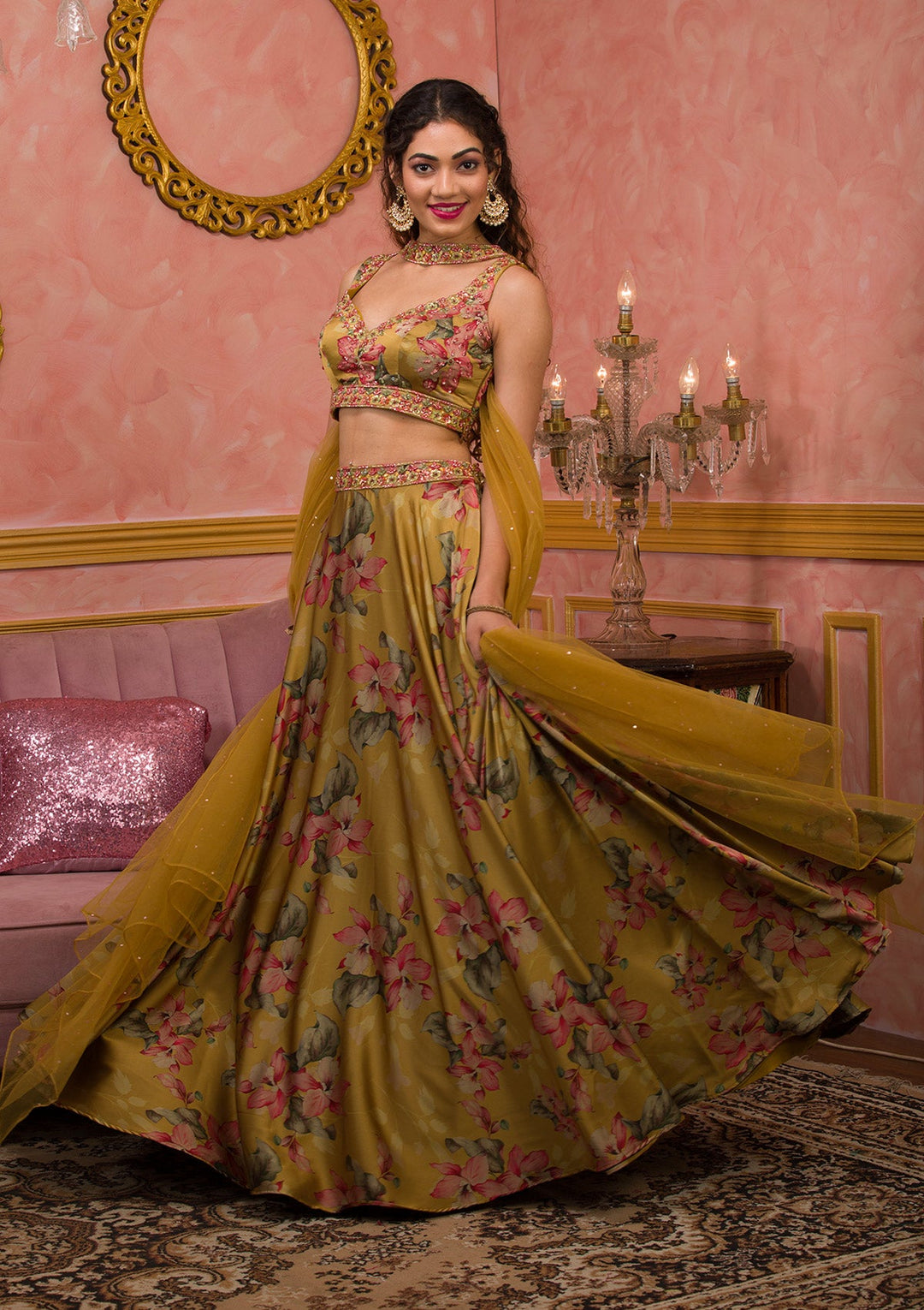 Mustard Printed Semi Crepe Readymade Lehenga-Koskii