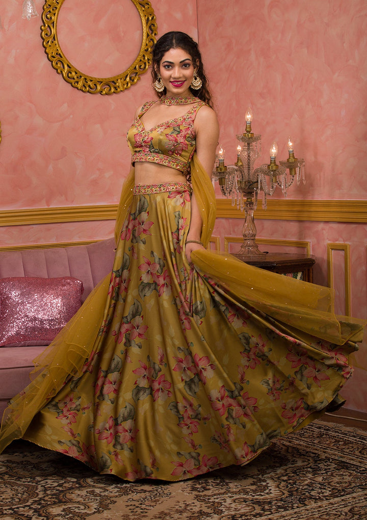 Mustard Printed Semi Crepe Readymade Lehenga-Koskii