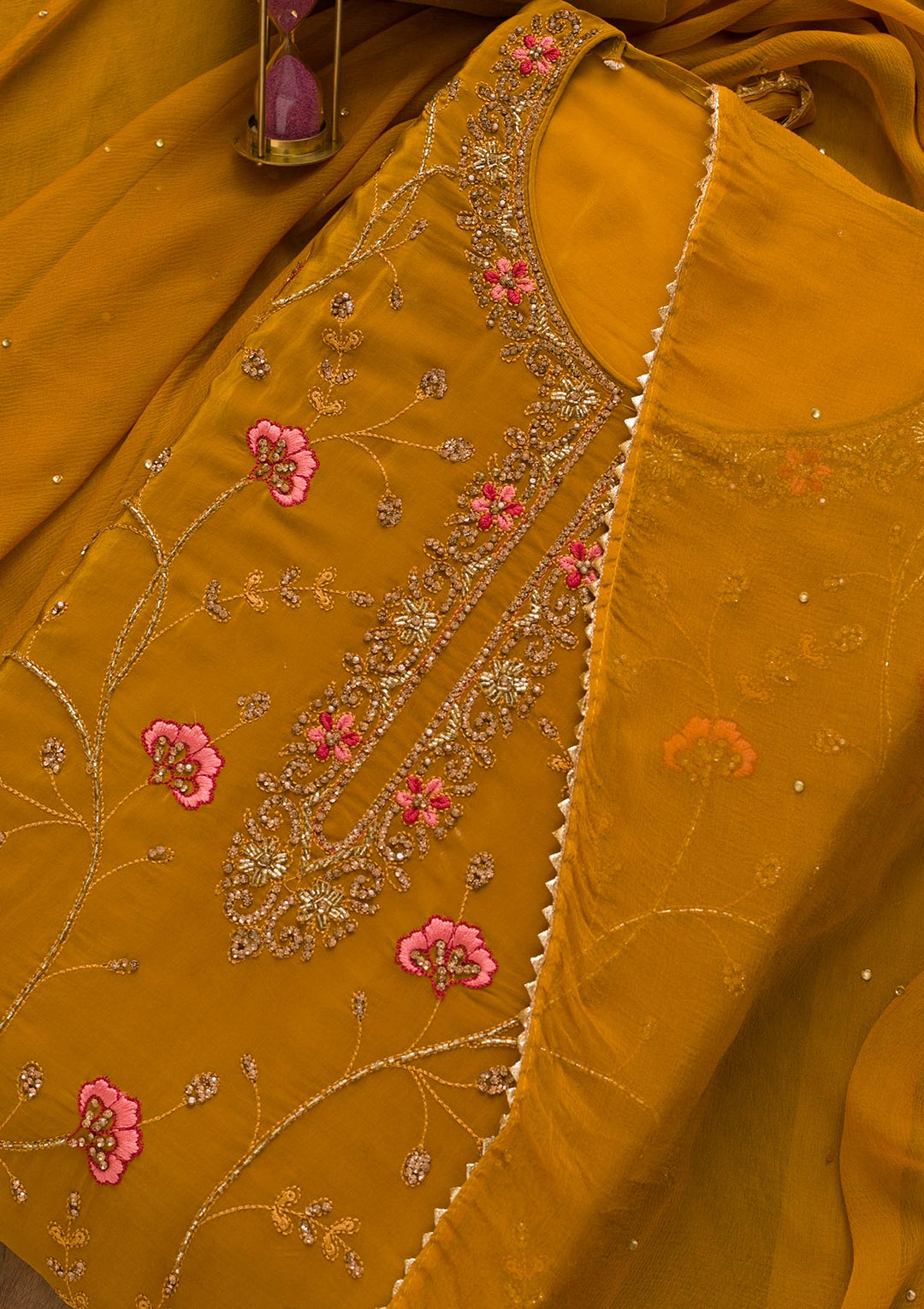 Mustard Printed Semi Crepe Unstitched Salwar Kameez-Koskii