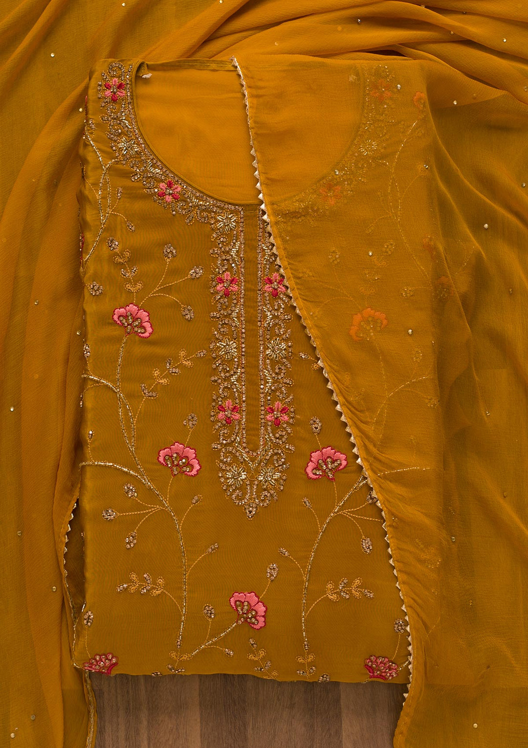Mustard Printed Semi Crepe Unstitched Salwar Kameez-Koskii