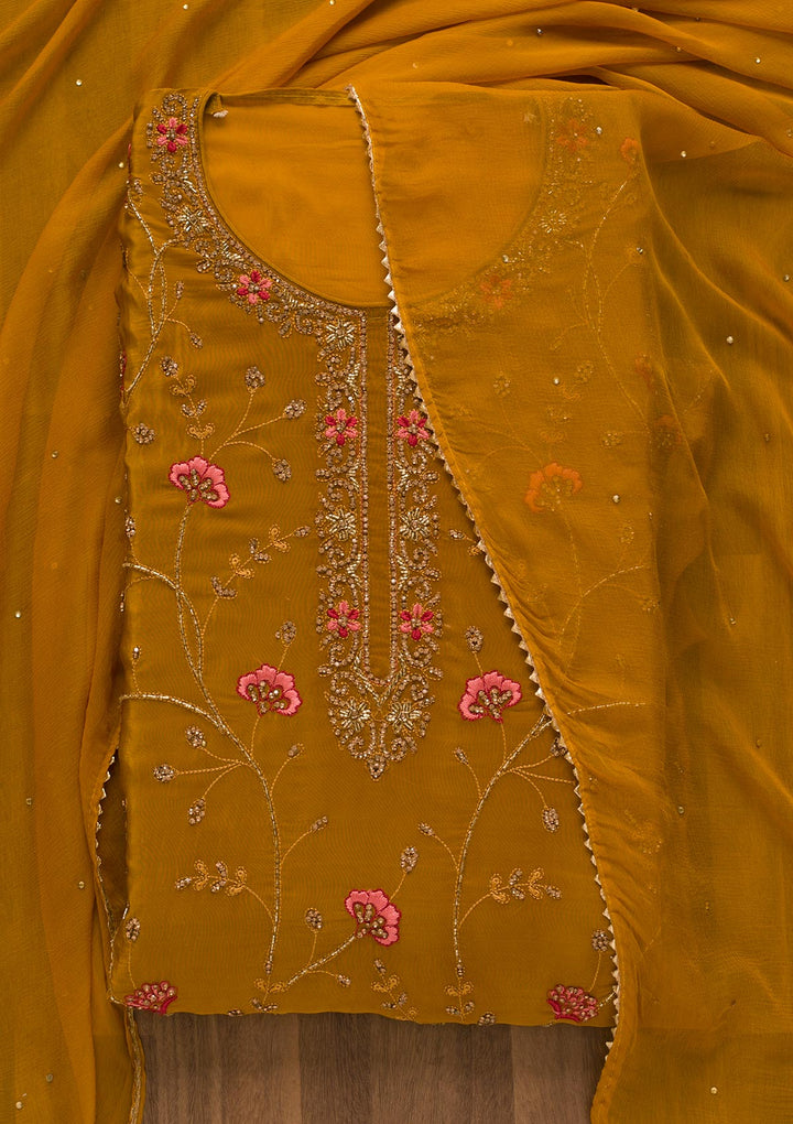 Mustard Printed Semi Crepe Unstitched Salwar Kameez-Koskii