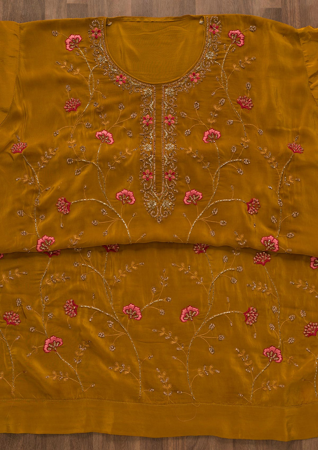Mustard Printed Semi Crepe Unstitched Salwar Kameez-Koskii
