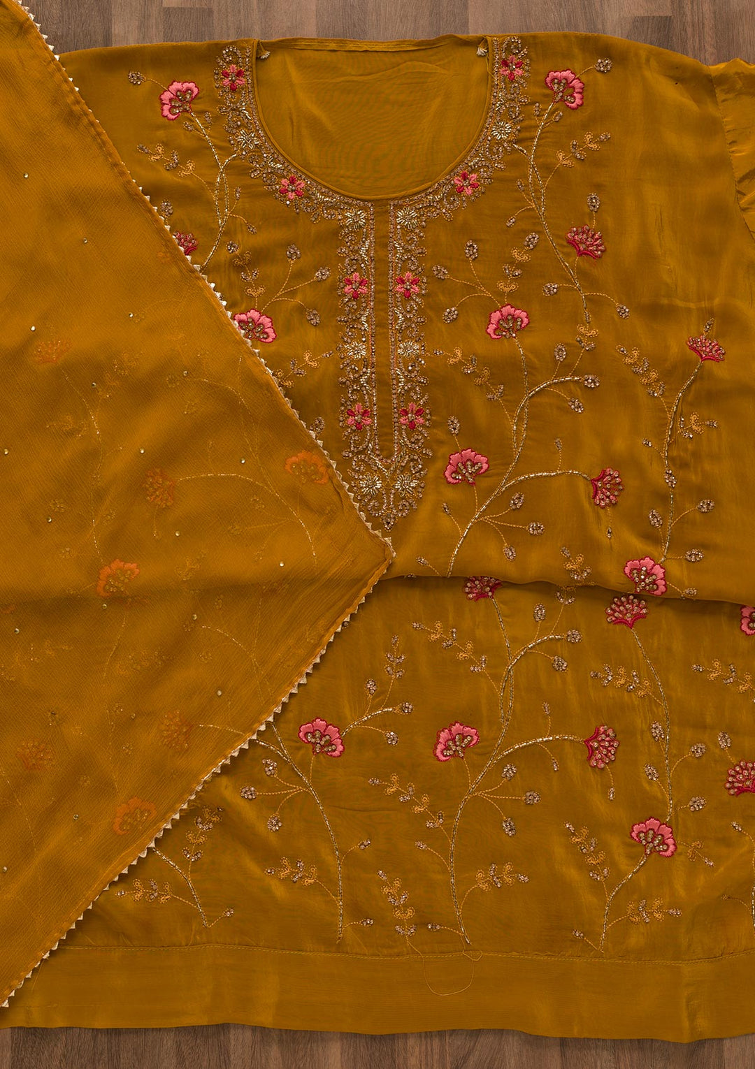 Mustard Printed Semi Crepe Unstitched Salwar Kameez-Koskii