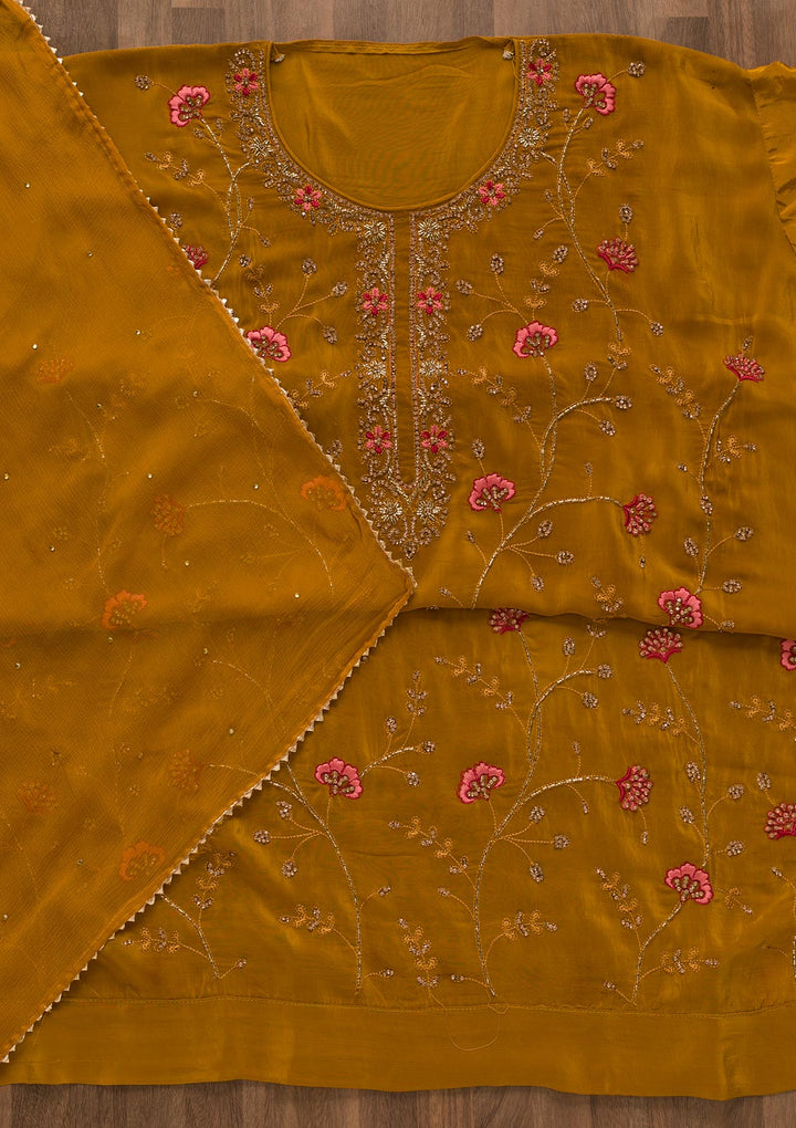 Mustard Printed Semi Crepe Unstitched Salwar Kameez-Koskii