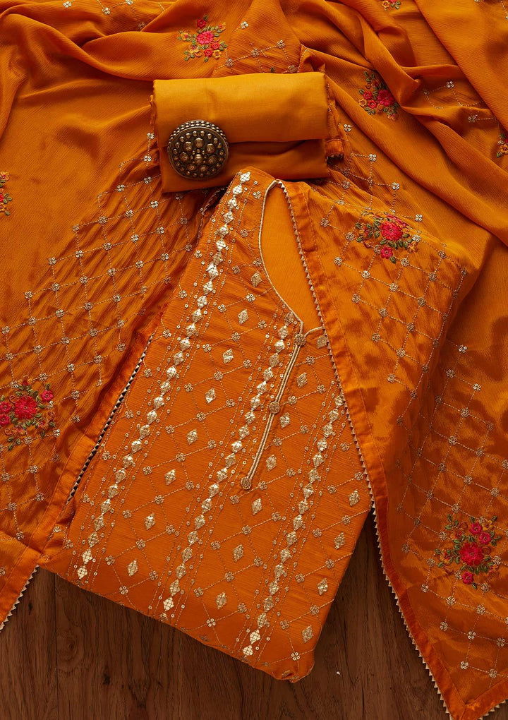 Mustard Sequins Chanderi Designer Unstitched Salwar Suit - Koskii