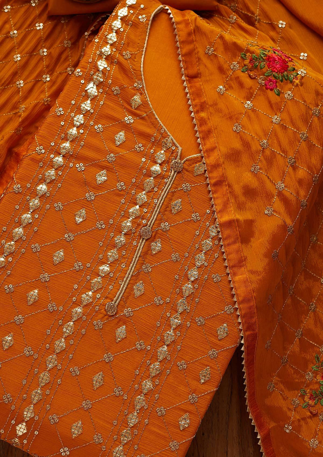 Mustard Sequins Chanderi Designer Unstitched Salwar Suit - Koskii