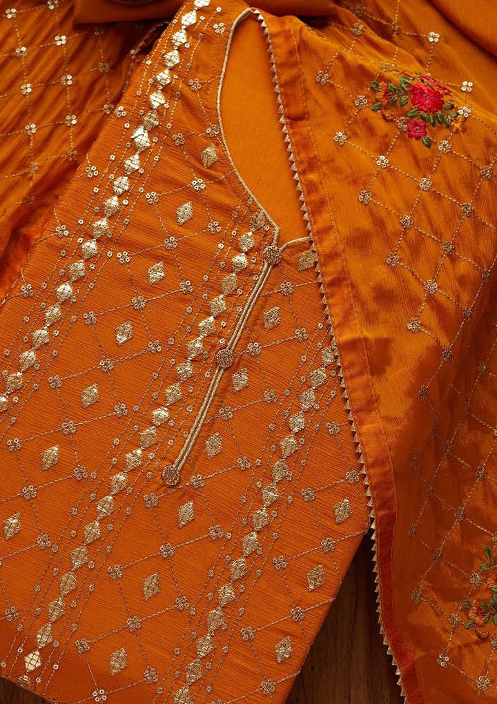 Mustard Sequins Chanderi Designer Unstitched Salwar Suit - Koskii