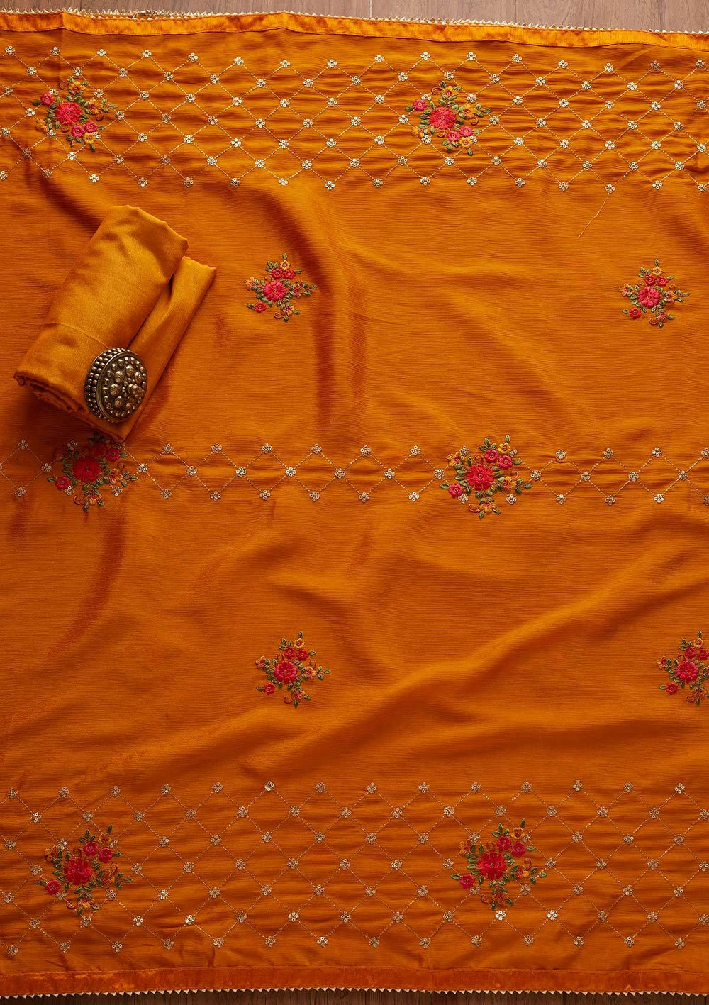 Mustard Sequins Chanderi Designer Unstitched Salwar Suit - Koskii