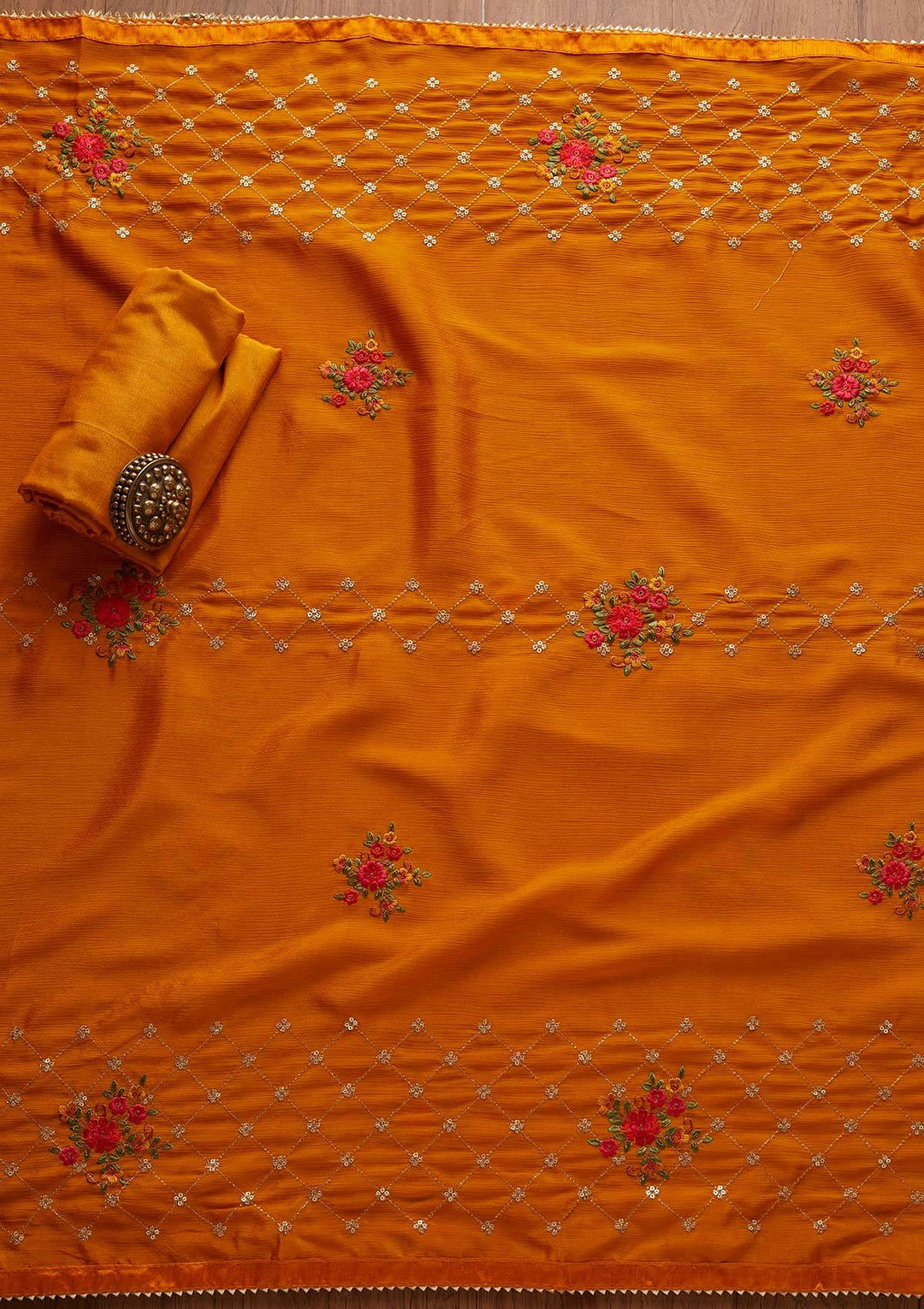 Mustard Sequins Chanderi Designer Unstitched Salwar Suit - Koskii
