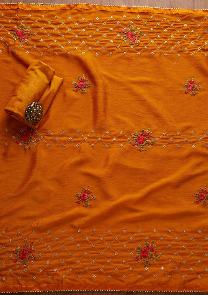 Mustard Sequins Chanderi Designer Unstitched Salwar Suit - Koskii