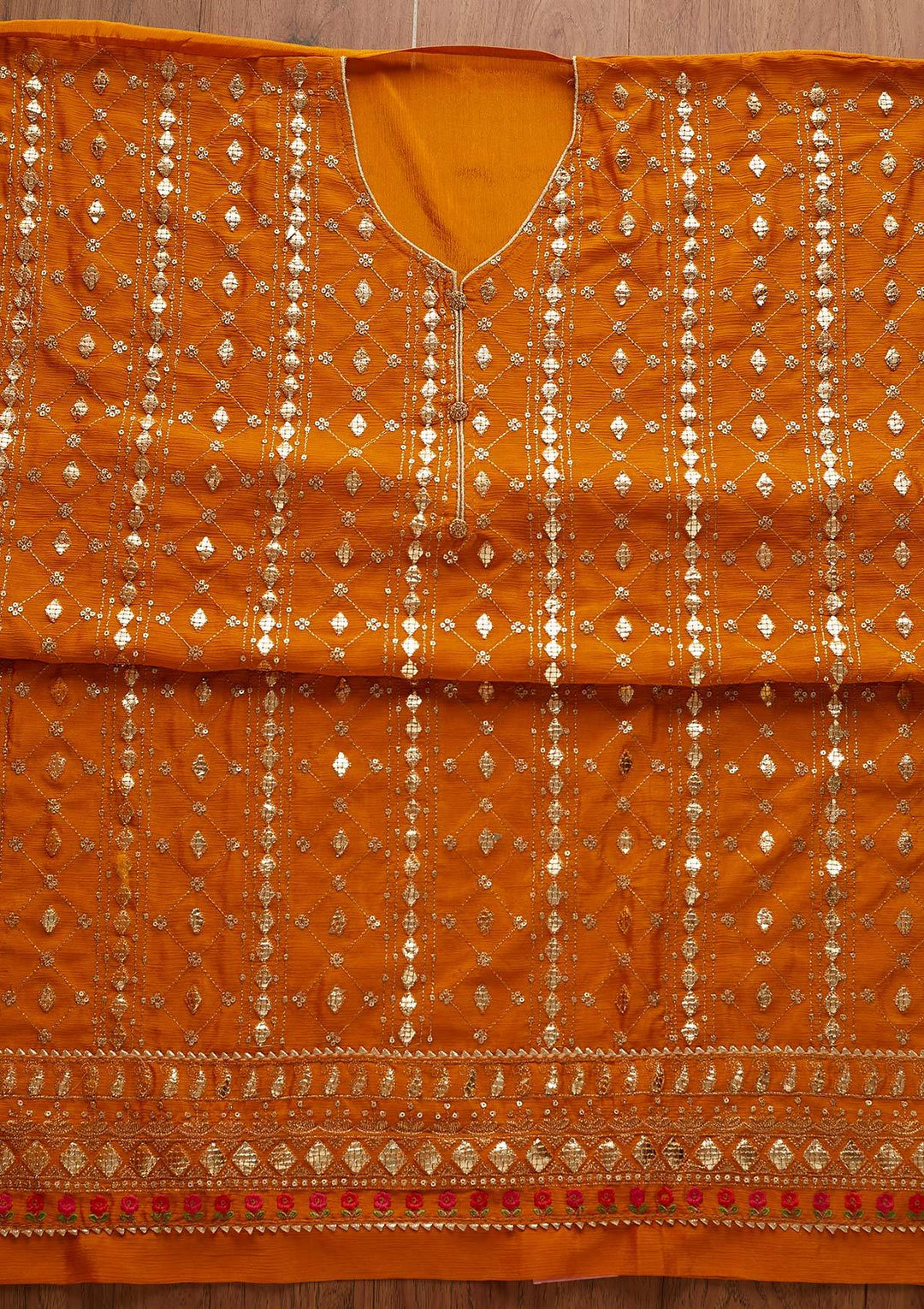 Mustard Sequins Chanderi Designer Unstitched Salwar Suit - Koskii