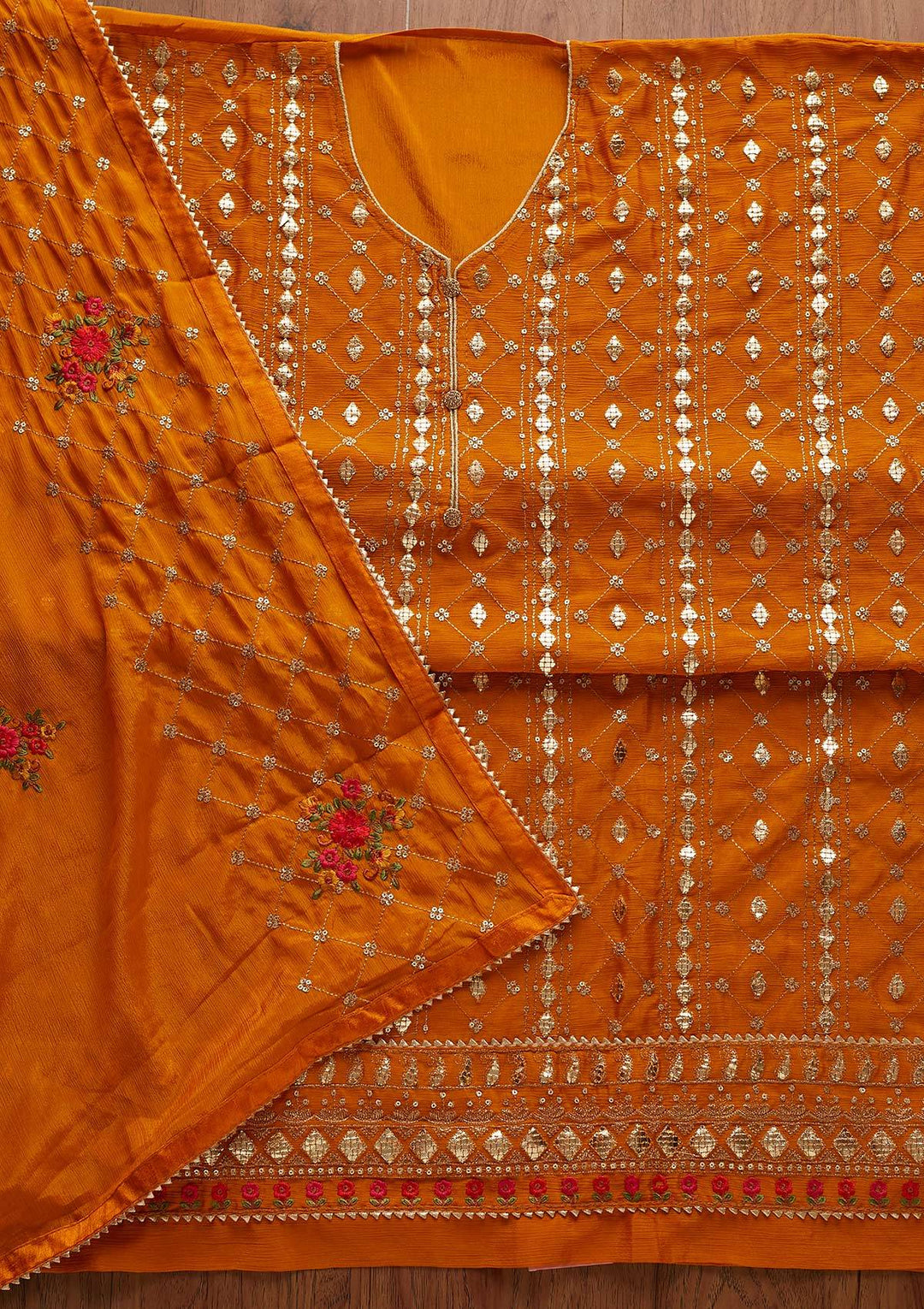 Mustard Sequins Chanderi Designer Unstitched Salwar Suit - Koskii