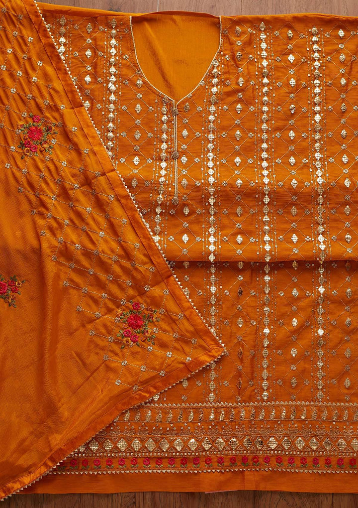 Mustard Sequins Chanderi Designer Unstitched Salwar Suit - Koskii