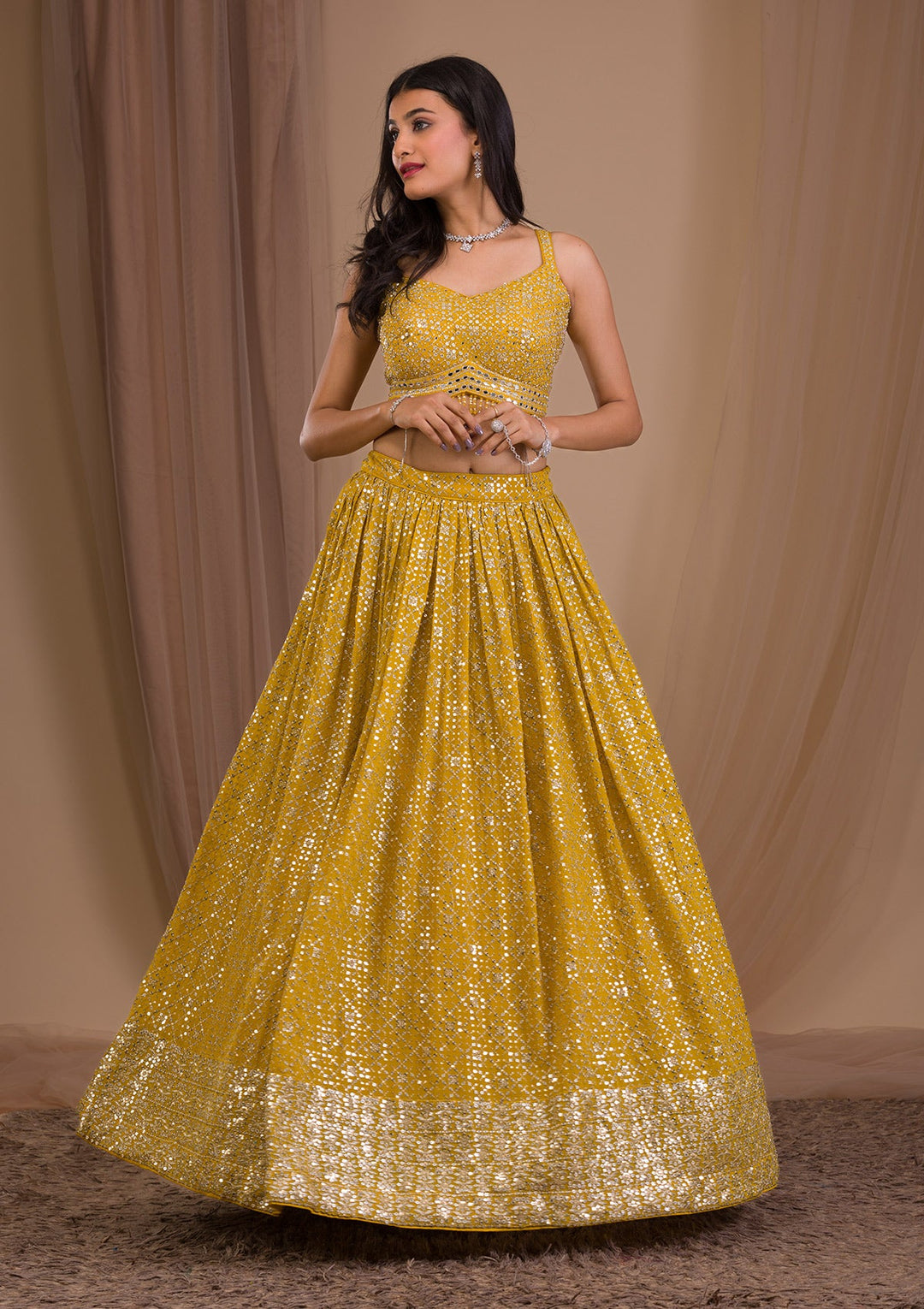 Mustard Sequins Georgette Readymade Lehenga-Koskii