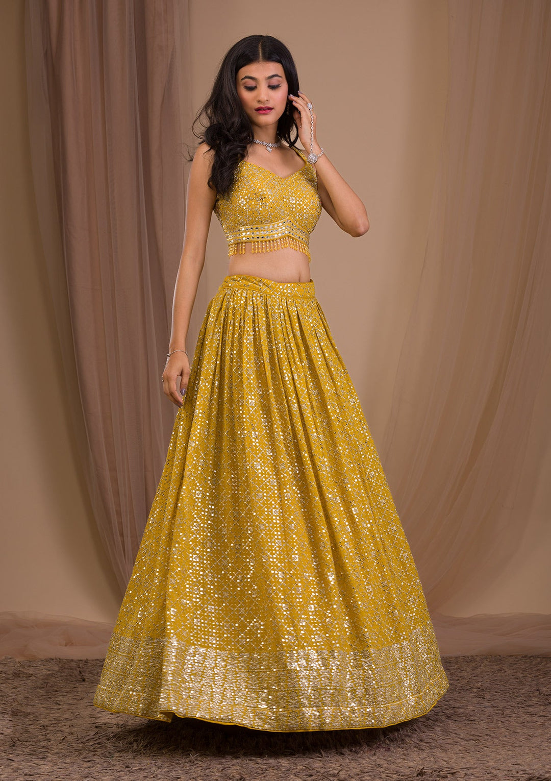 Mustard Sequins Georgette Readymade Lehenga-Koskii