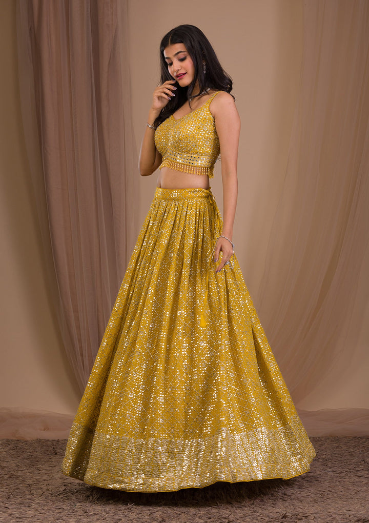 Mustard Sequins Georgette Readymade Lehenga-Koskii
