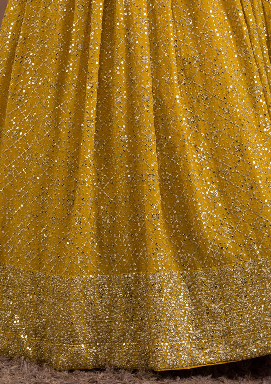 Mustard Sequins Georgette Readymade Lehenga-Koskii