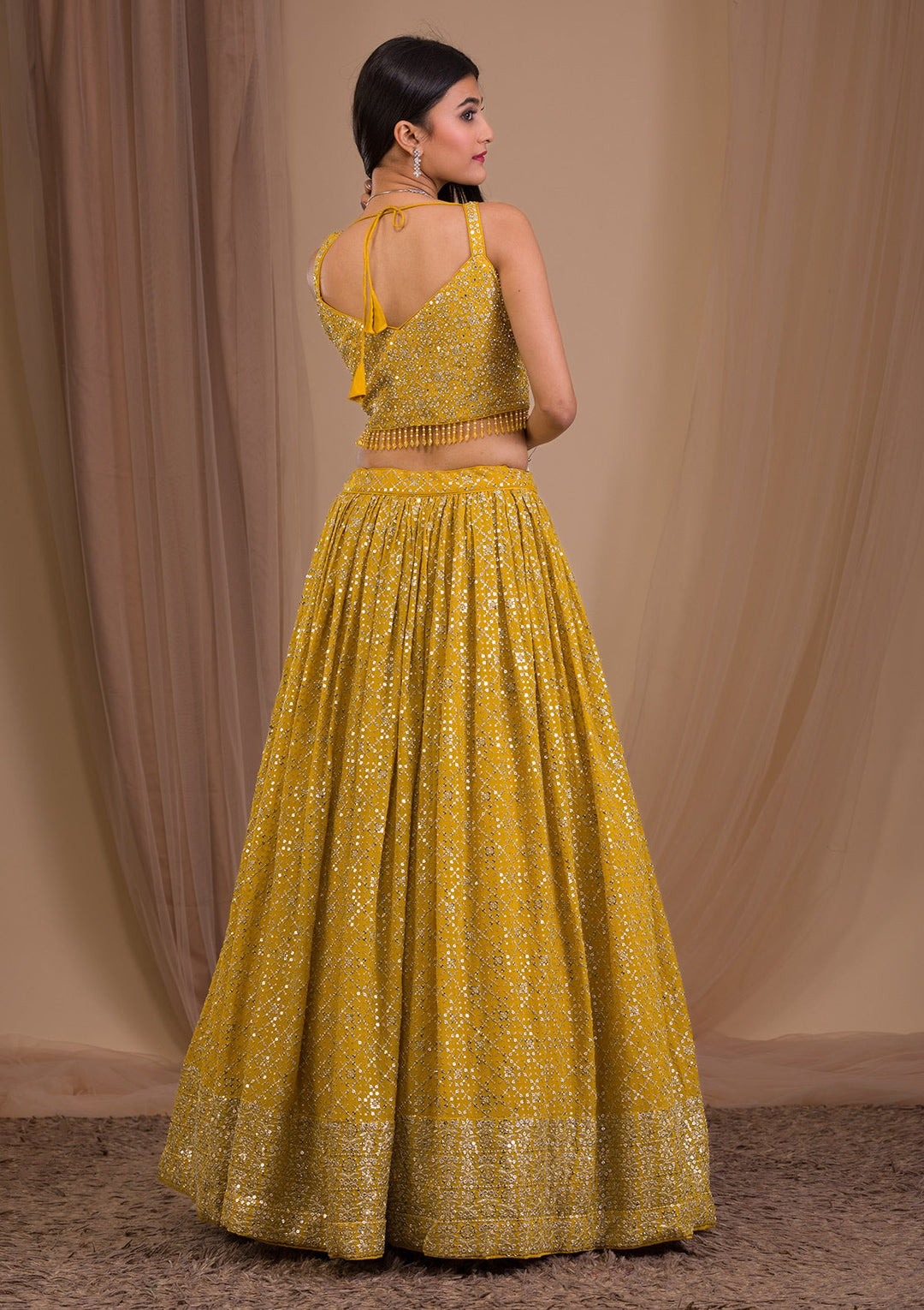 Mustard Sequins Georgette Readymade Lehenga-Koskii