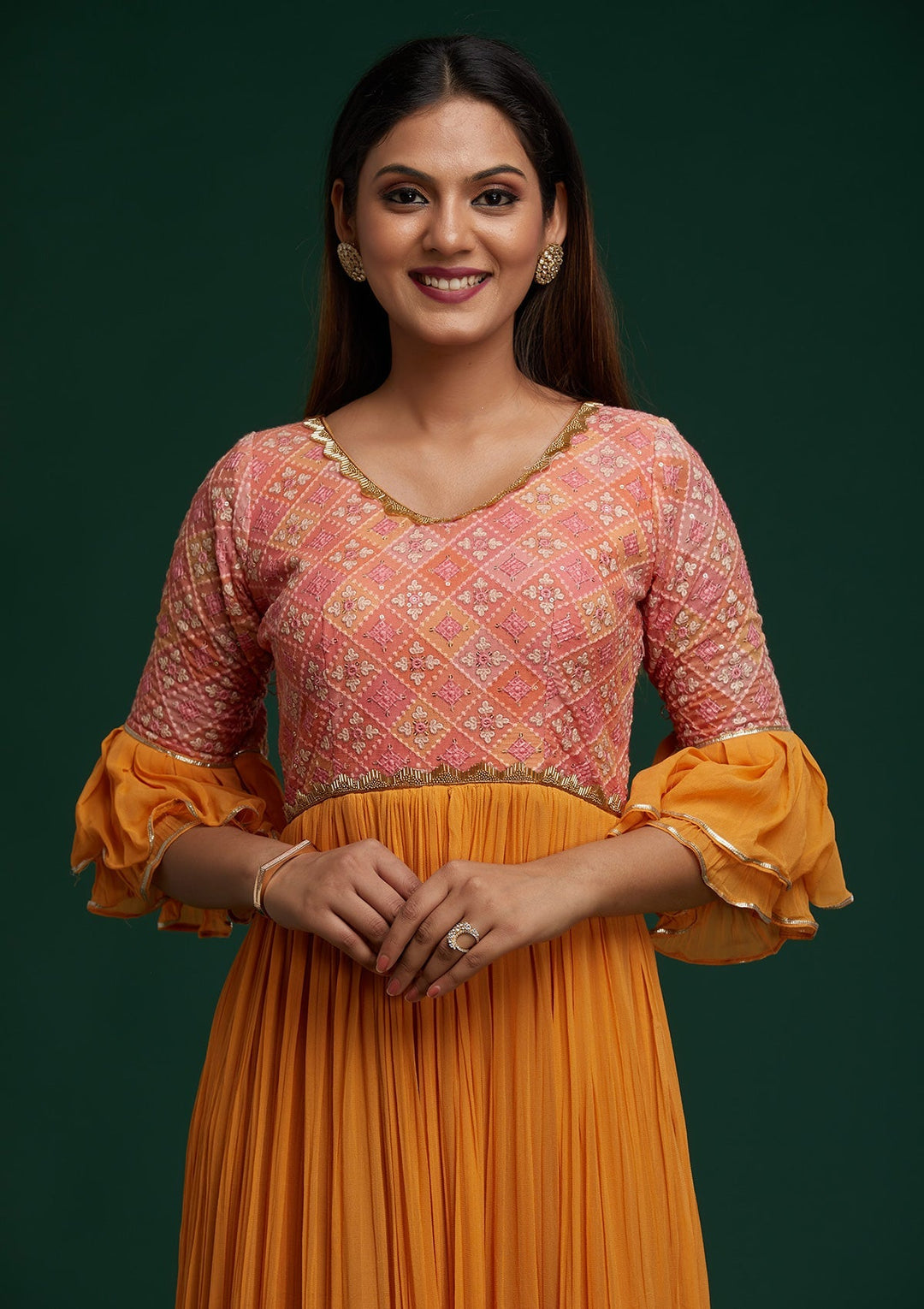 Mustard Sequins Georgette Designer Anarkali Suit - Koskii