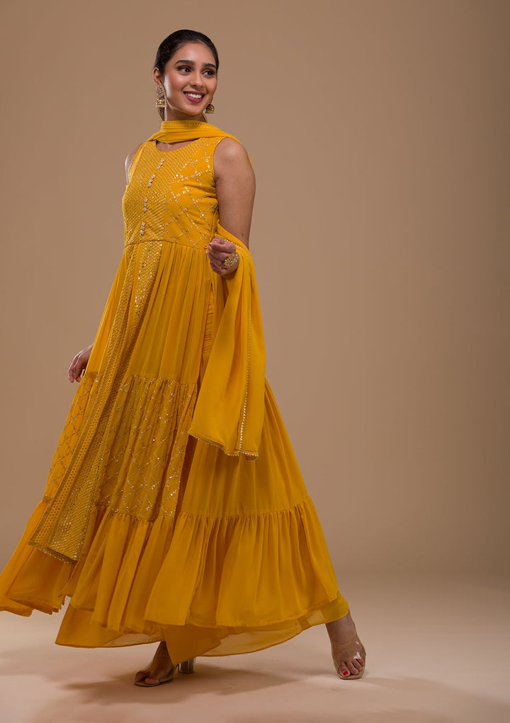 Mustard Sequins Georgette Readymade Salwar Kameez-Koskii