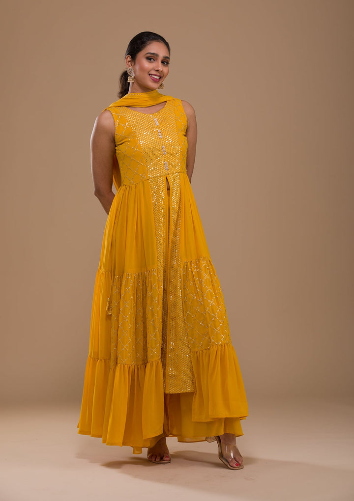 Mustard Sequins Georgette Readymade Salwar Kameez-Koskii