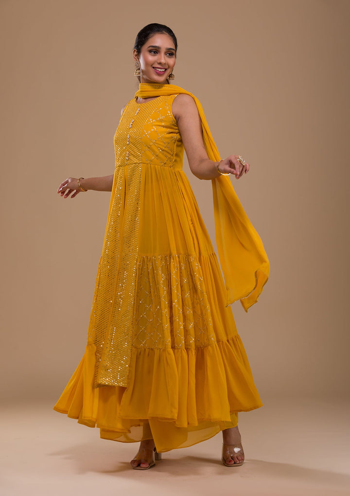 Mustard Sequins Georgette Readymade Salwar Kameez-Koskii