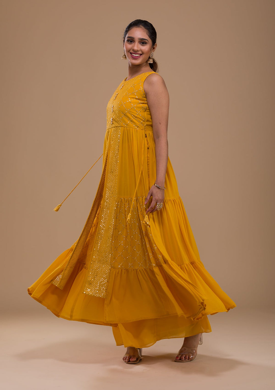 Mustard Sequins Georgette Readymade Salwar Kameez-Koskii
