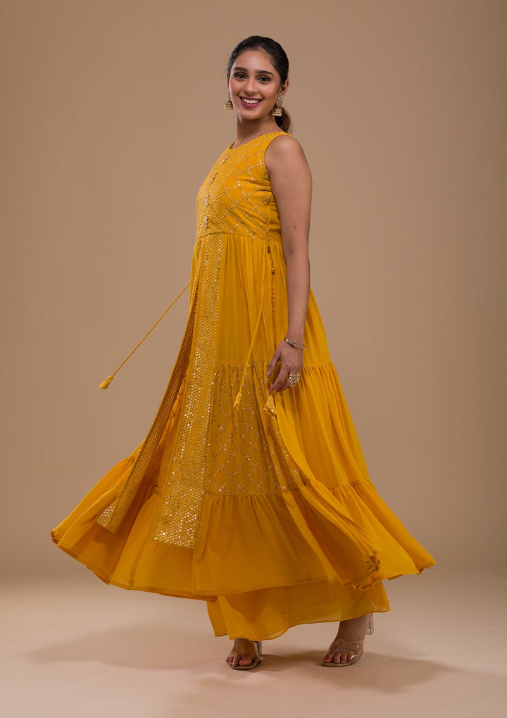 Mustard Sequins Georgette Readymade Salwar Kameez-Koskii