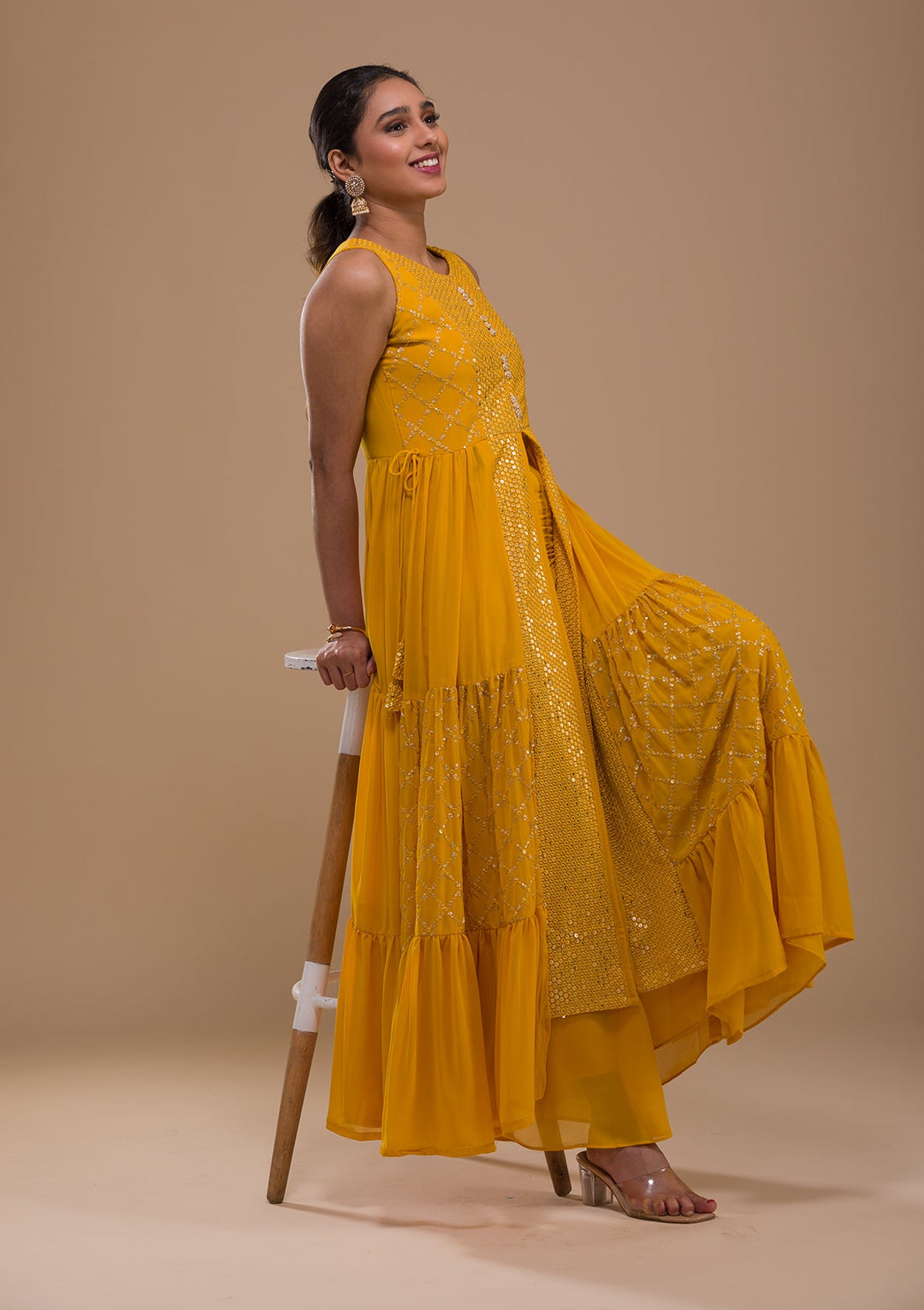 Mustard Sequins Georgette Readymade Salwar Kameez-Koskii