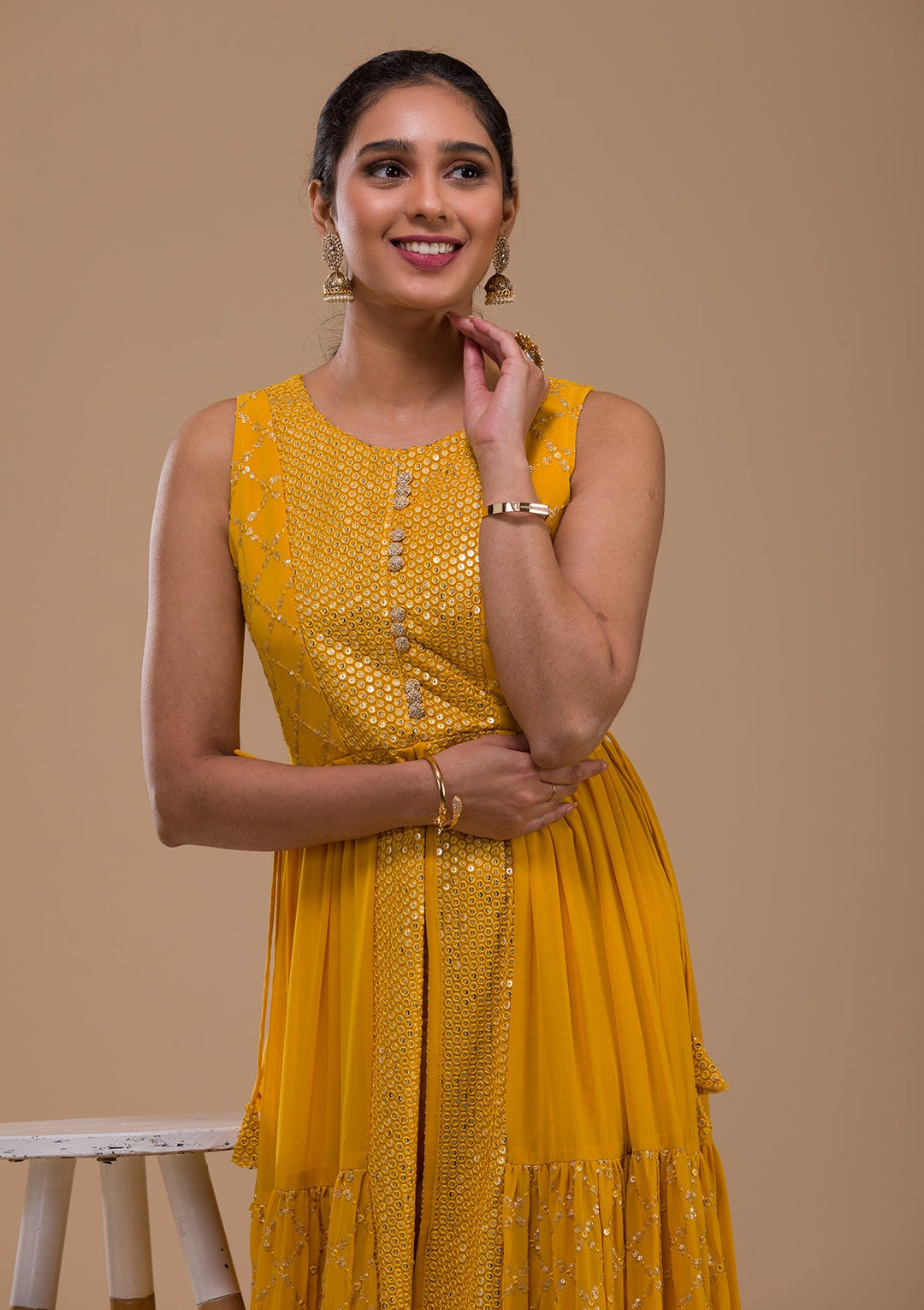 Mustard Sequins Georgette Readymade Salwar Kameez-Koskii