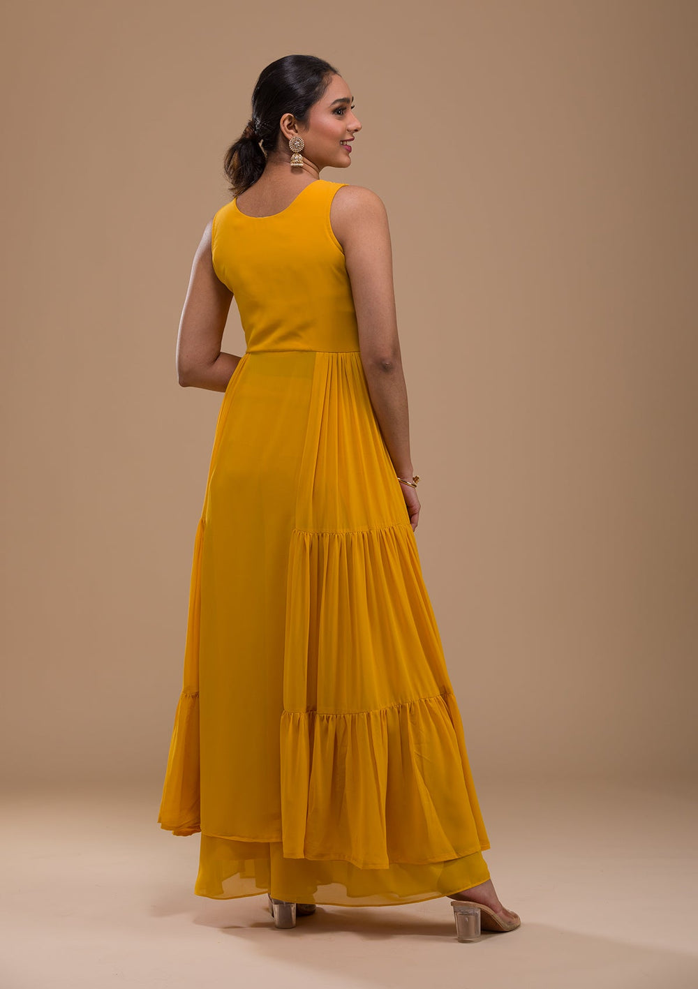 Mustard Sequins Georgette Readymade Salwar Kameez-Koskii