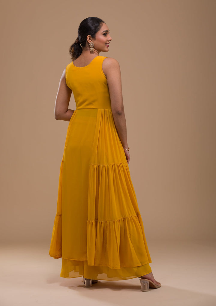 Mustard Sequins Georgette Readymade Salwar Kameez-Koskii