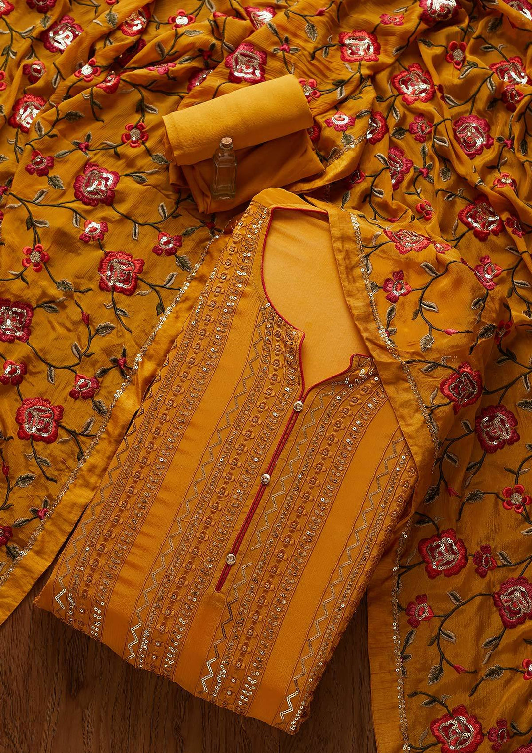 Mustard Sequins Georgette Designer Semi-Stitched Salwar Suit - koskii