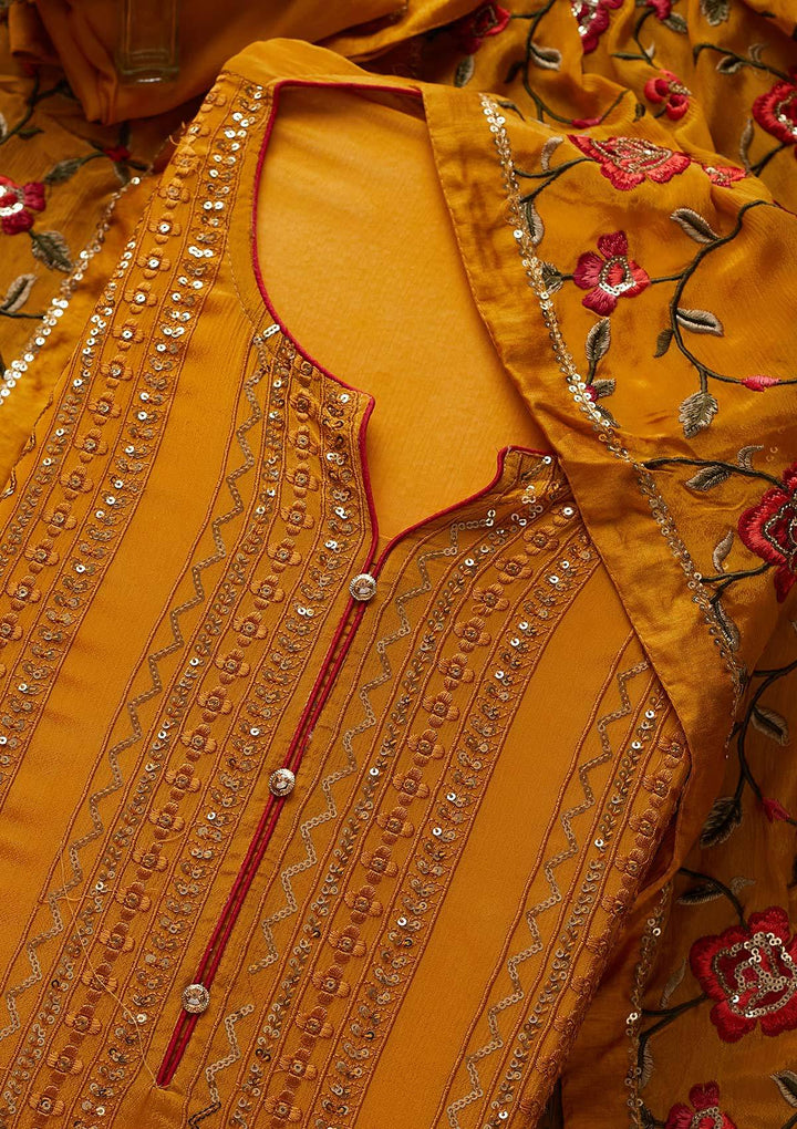 Mustard Sequins Georgette Designer Semi-Stitched Salwar Suit - koskii