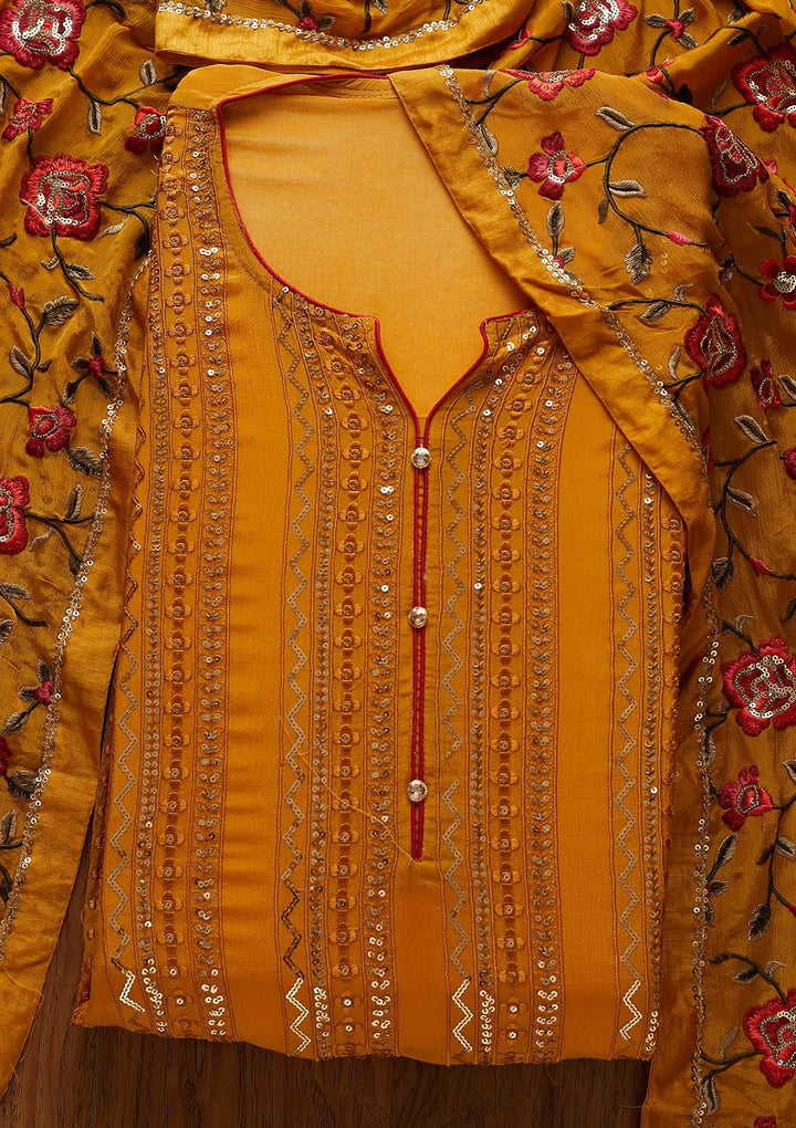 Mustard Sequins Georgette Designer Semi-Stitched Salwar Suit - koskii