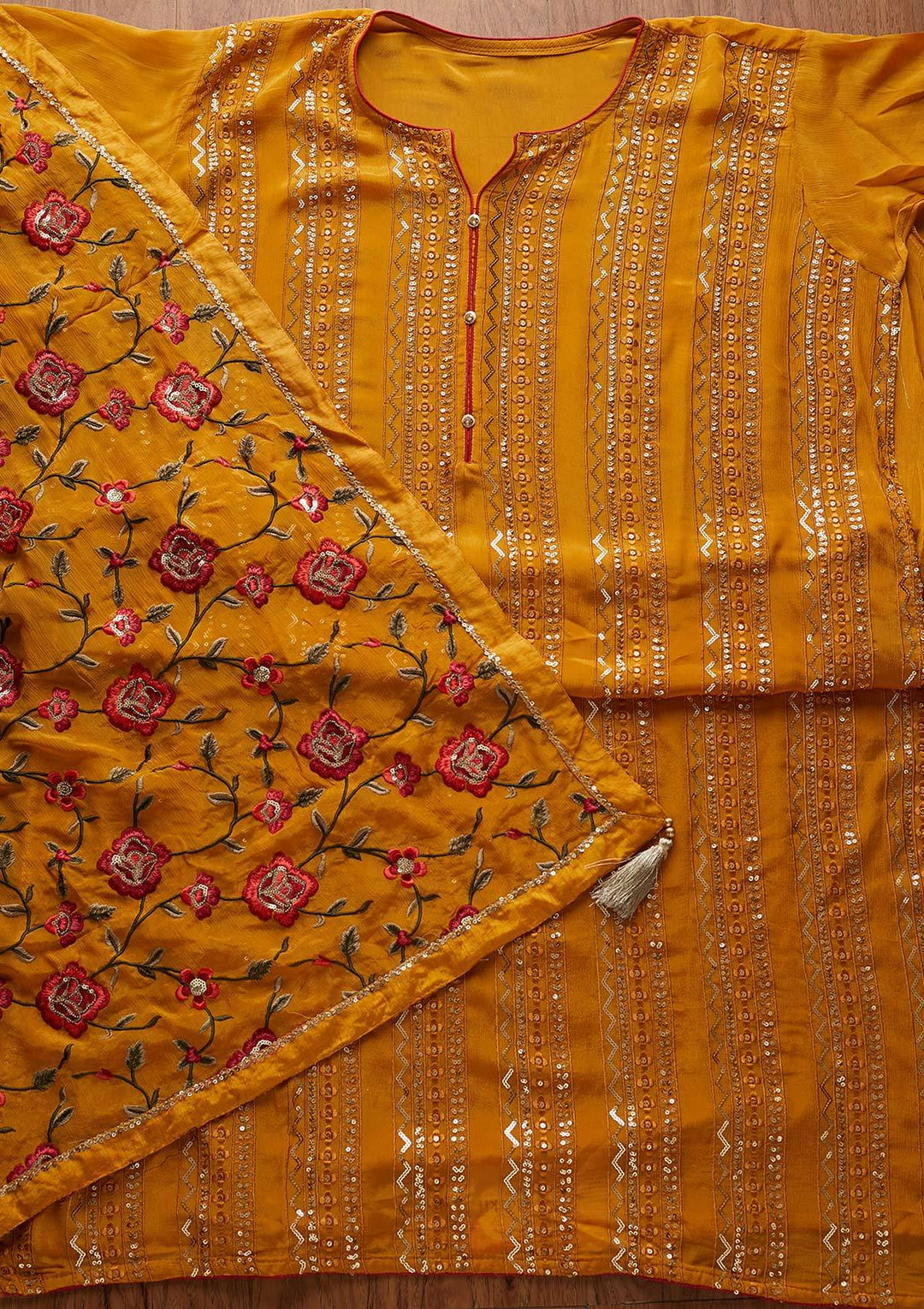 Mustard Sequins Georgette Designer Semi-Stitched Salwar Suit - koskii