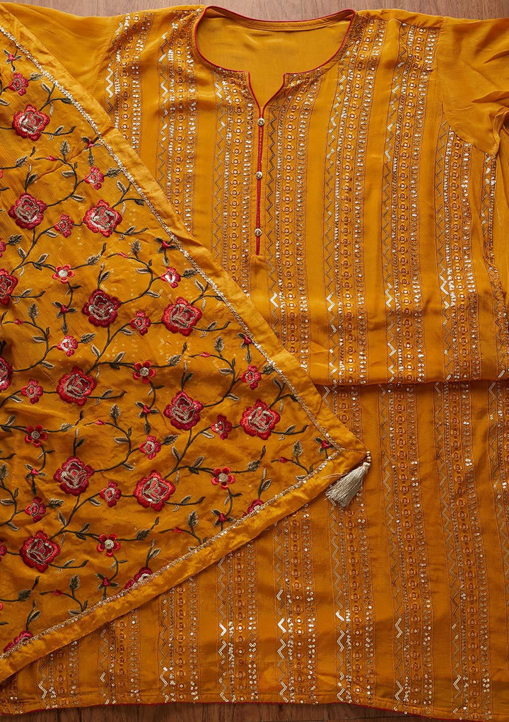 Mustard Sequins Georgette Designer Semi-Stitched Salwar Suit - koskii