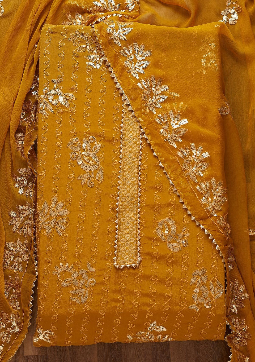 Mustard Sequins Georgette Semi-Stitched Salwar Suit-Koskii